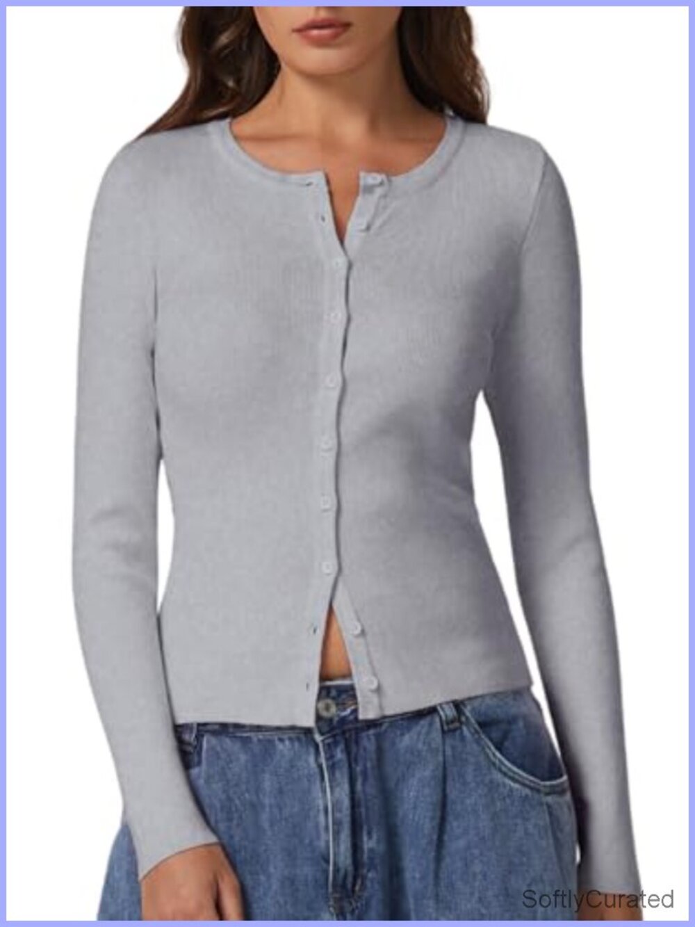Long Sleeve Crewneck Button Down Cardigan Sweater Lightweight Knit Top